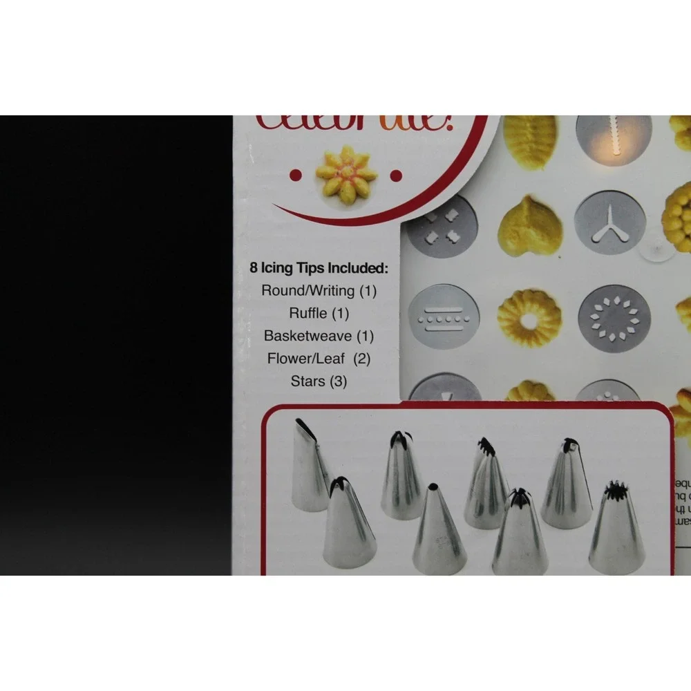 Norpro Stainless Steel Cookie Press & Icing Set Storage Case 13 Discs 8 Tips NIB